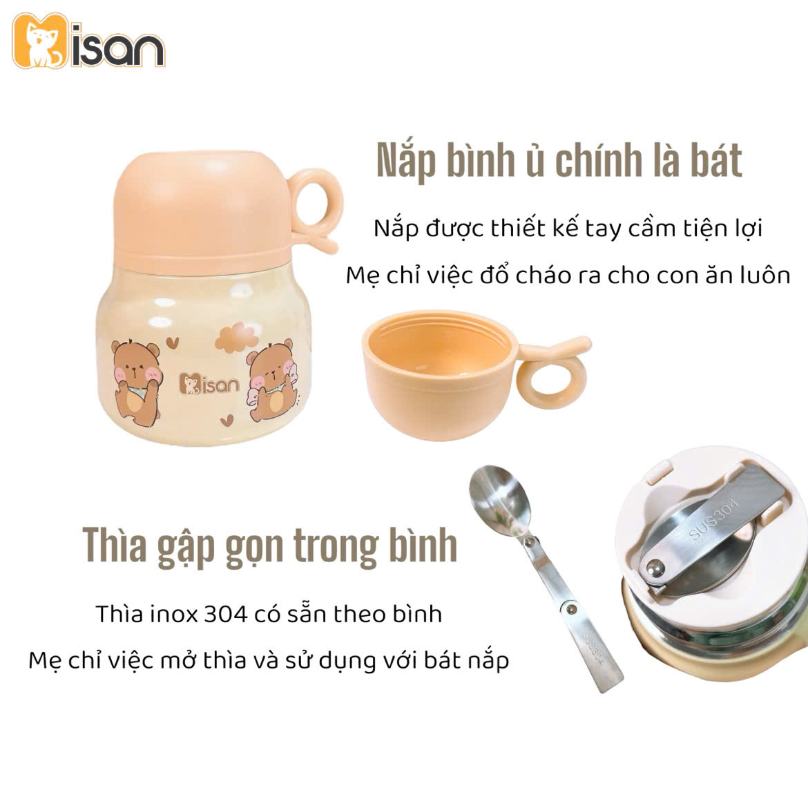 binh u chao giu nhiet misan 500ml chat lieu inox 316 kem thia